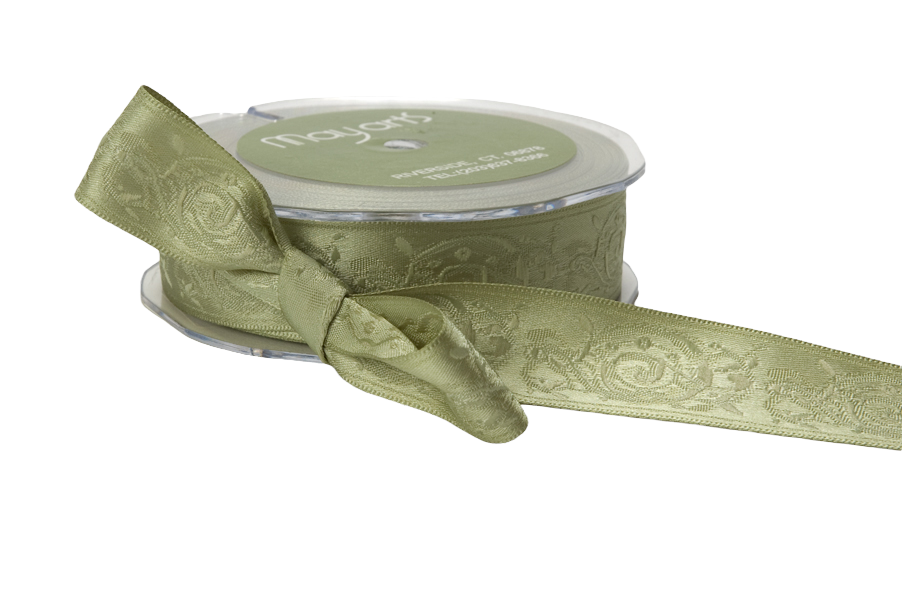 A spool of May Arts satin ribbon in a light olive green color with an embossed floral pattern, tied in a bow and shown against a plain white background.
[additional_image_link]