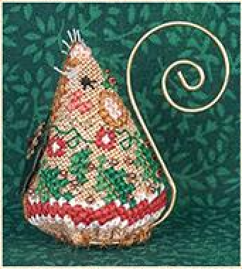 A hand-embroidered Christmas mouse with a gold-tone spiral wire handle, set against a dark green patterned fabric background.
Photo by JustNan.com [image_link]