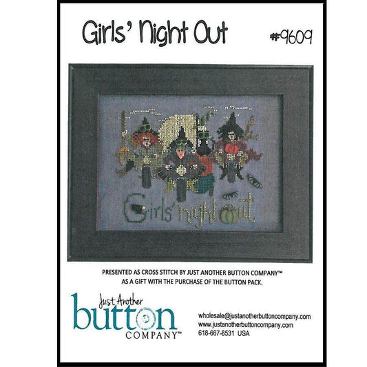 Promotional image for 'Girls' Night Out' linen cross stitch kit, displaying the kit's contents and finished product, with the Just Another Button Company logo.
Photo by JustAnotherButtonCompany.com [image_link]