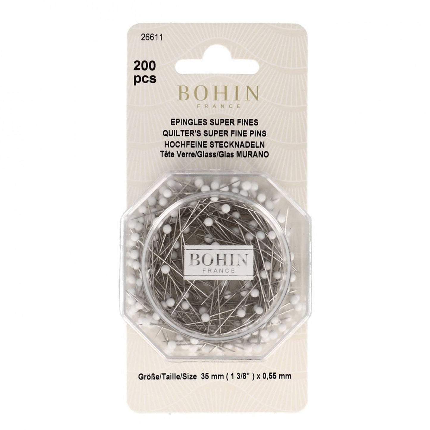 Bohin Glass Head Pins White 1-3/8" Size 28 200ct Quilter's Super Fine Glass Head Pins
