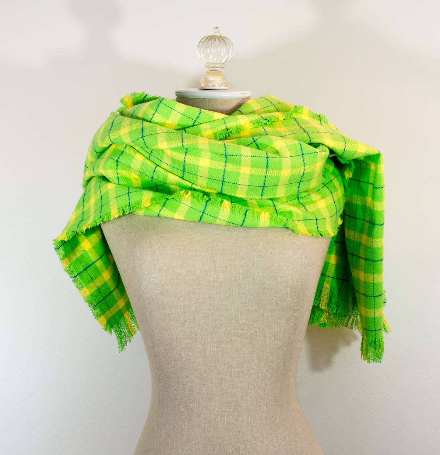 Lime Green Plaid Flannel Blanket Scarf: 23" x 72" Shawl with Kilt Pin