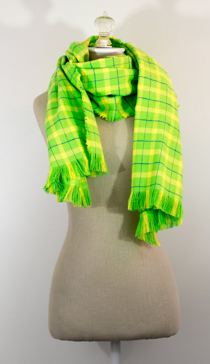 Lime Green Plaid Flannel Blanket Scarf: 23" x 72" Shawl with Kilt Pin