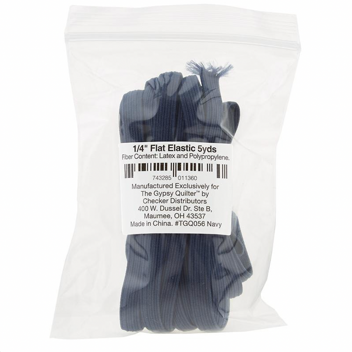 Packaged navy blue flat elastic bands, labeled as 1/4 inch elastic content per package.
Photo by The Gypsy Quilter [image_link]