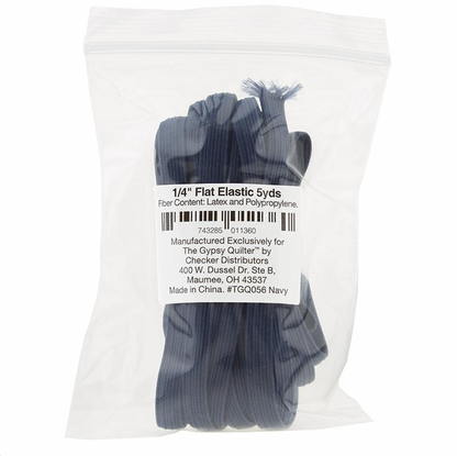 Packaged navy blue flat elastic bands, labeled as 1/4 inch elastic content per package.
Photo by The Gypsy Quilter [image_link]