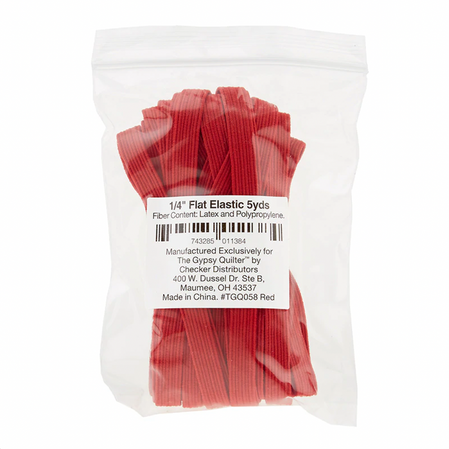 Packaged red flat elastic bands, labeled as 1/4 inch elastic content per package.
Photo by The Gypsy Quilter [image_link]