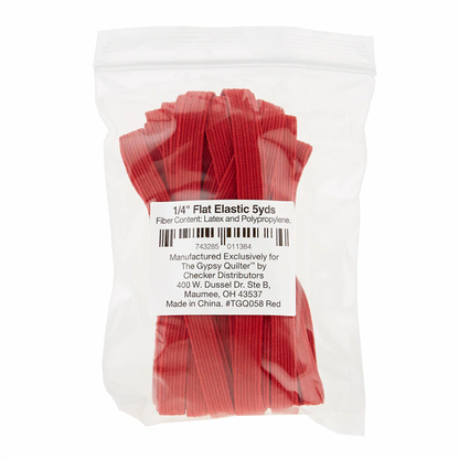 Packaged red flat elastic bands, labeled as 1/4 inch elastic content per package.
Photo by The Gypsy Quilter [image_link]