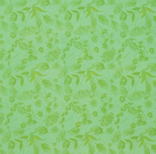 A close-up of a light green fabric or wallpaper pattern featuring a repeating darker green botanical design of leaves and small flowers.
[additional_image_link]