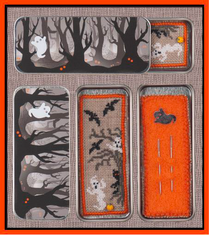 The image shows a cross stitch embroidery kit titled 'Haunted Woods', featuring a needle slide and a needle sampler. The design includes a nighttime scene with trees, a bat, and a ghost, as well as a spiderweb.
Photo by JustNan.com [image_link]