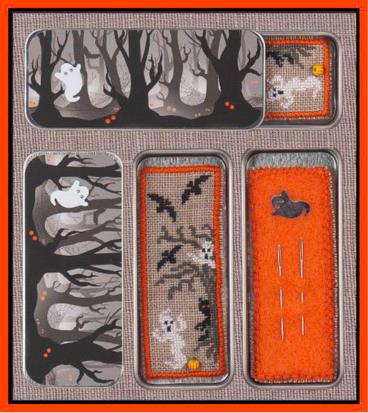 The image shows a cross stitch embroidery kit titled 'Haunted Woods', featuring a needle slide and a needle sampler. The design includes a nighttime scene with trees, a bat, and a ghost, as well as a spiderweb.
Photo by JustNan.com [image_link]