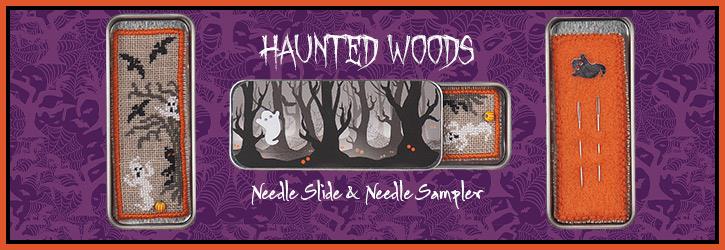 The image shows a cross stitch embroidery kit titled 'Haunted Woods', featuring a needle slide and a needle sampler. The design includes a nighttime scene with trees, a bat, and a ghost, as well as a spiderweb.
Photo by JustNan.com [additional_image_link]