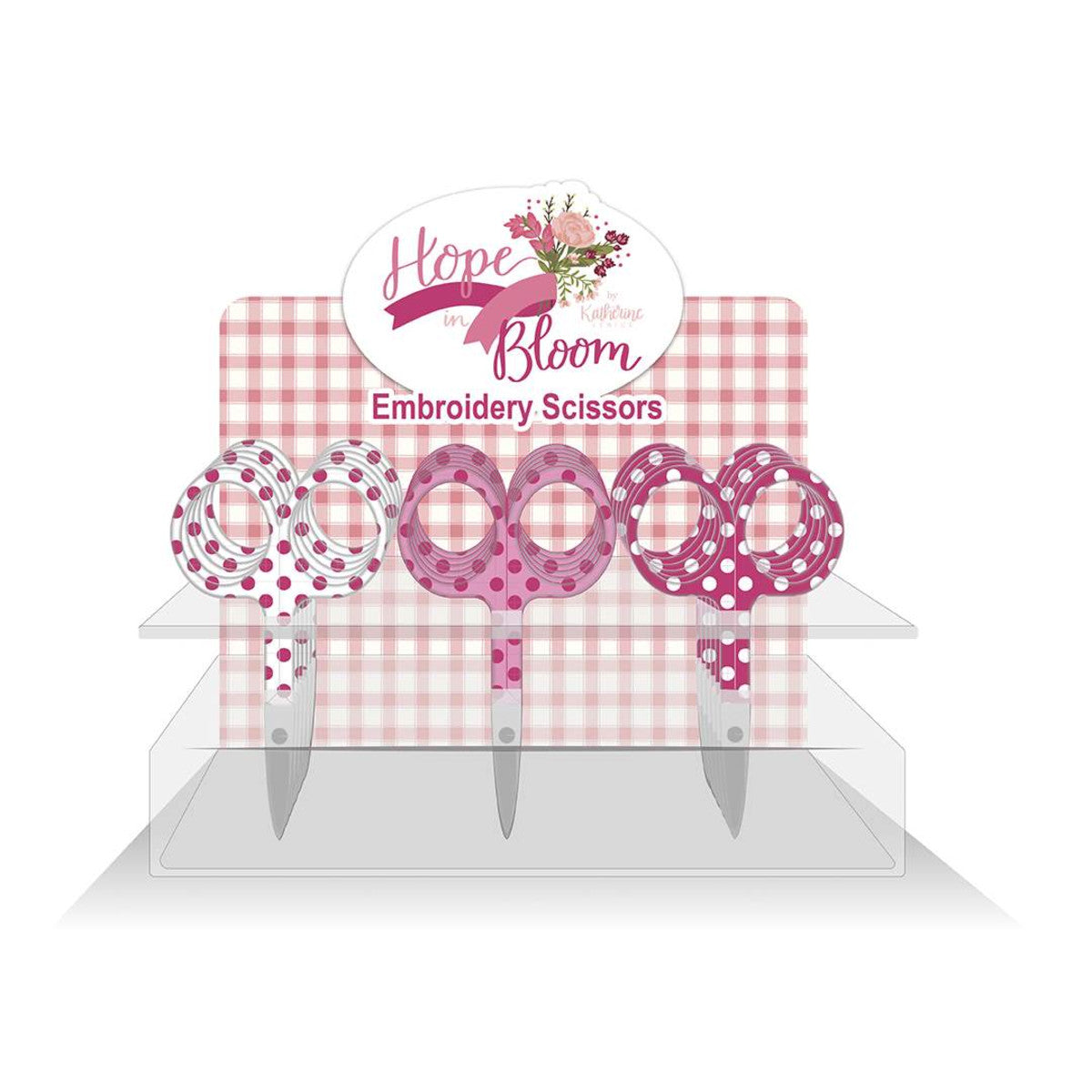 A set of embroidery scissors with white, pink, and hot pink polka dots, displayed on a pink and white checkered background with 'Hope in Bloom' branding.
Photo by RileyBlakeDesigns.com [image_link]