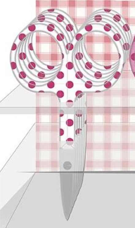A pair of scissors with white handles covered in pink polka dots, shown against a pink and white gingham check background.
Photo by RileyBlakeDesigns.com [additional_image_link]
