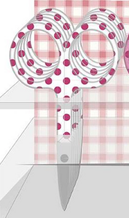 A pair of scissors with white handles covered in pink polka dots, shown against a pink and white gingham check background.
Photo by RileyBlakeDesigns.com [additional_image_link]