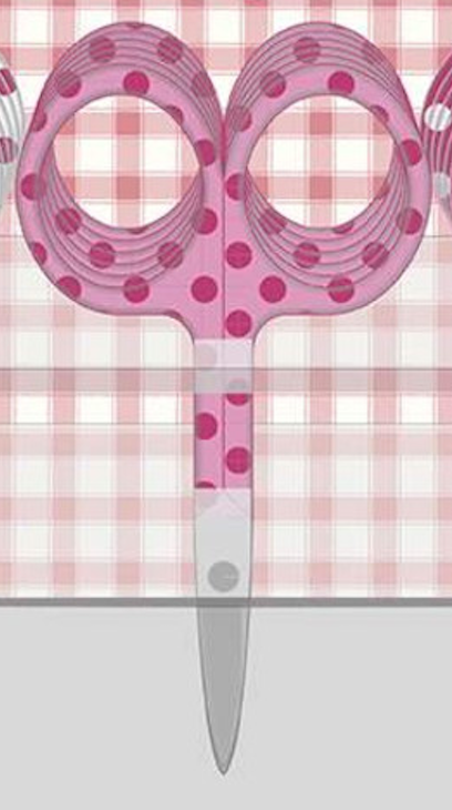 Pink scissors with a pink and white gingham patterned handle and pink polka dots, shown against a pink and white gingham background.
Photo by RileyBlakeDesigns.com [additional_image_link]