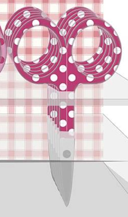 A pair of scissors with bright pink handles covered in white polka dots, set against a pink and white gingham checkered background.
Photo by RileyBlakeDesigns.com [additional_image_link]