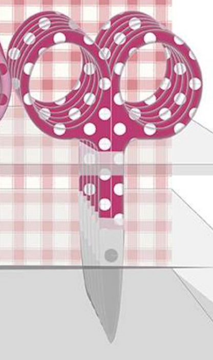 A pair of scissors with bright pink handles covered in white polka dots, set against a pink and white gingham checkered background.
Photo by RileyBlakeDesigns.com [additional_image_link]