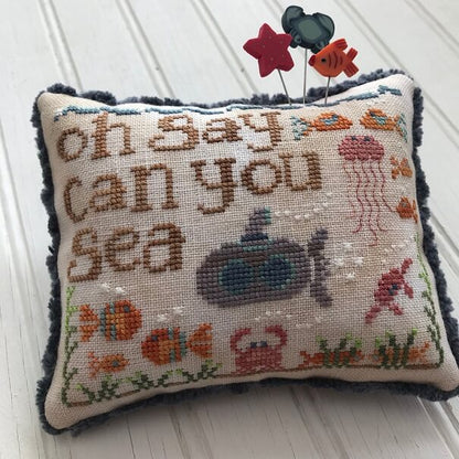 OH SAY CAN YOU SEA Cross Stitch Embroidery Kit from Hands On Design: Pattern, Linen, Floss, JABC Pin Set, Lady Dot Creates Trim & Velveteen