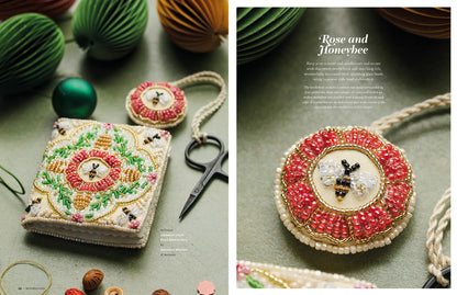 A split-page catalog or magazine spread showing a decorative embroidered and beaded round pouch or bookmark titled 'Rose and Honeybee.' The left panel shows the full item laid on a textured surface with scissors, paper fans, and small craft props around it.
Photo by InspirationsStudios.com [additional_image_link]