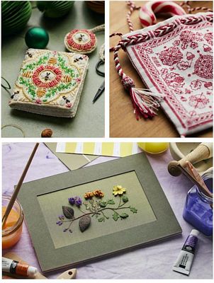 A three-panel collage showcasing embroidered needlework and framed floral art. The top-left panel shows a hand-embroidered square box with a floral pattern.
Photo by InspirationsStudios.com [additional_image_link]