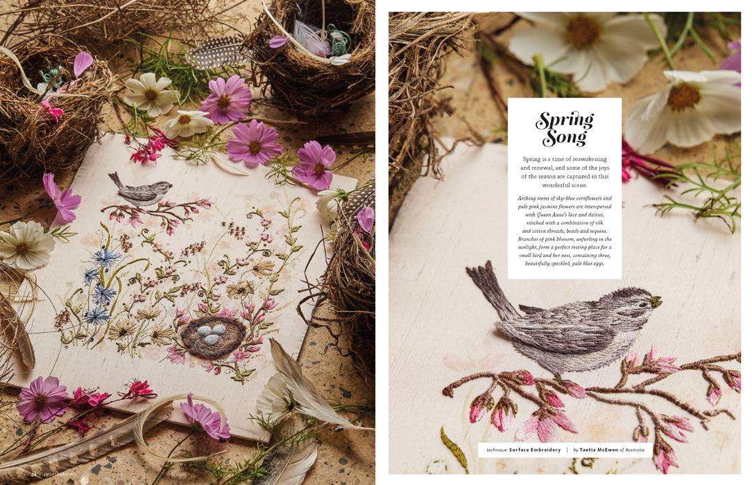 A split-page design layout featuring a vintage-style bird illustration and floral spring-themed artwork, with decorative flowers, twigs, and a birdhouse around the printed design.
Photo by InspirationsStudios.com [additional_image_link]