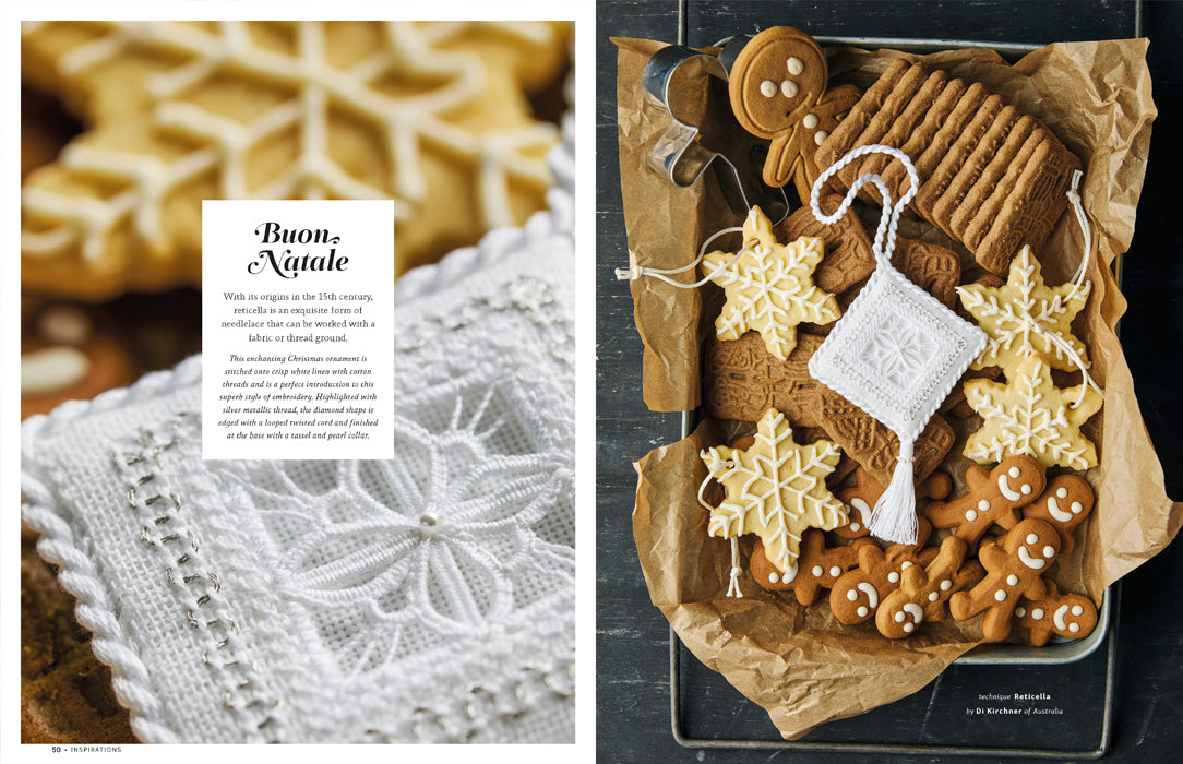 A split-page cookbook or magazine spread showing holiday baking and textile decor. The left page has a close-up of a white crocheted lace doily with a text box reading 'Buen Natale.
Photo by InspirationsStudios.com [additional_image_link]