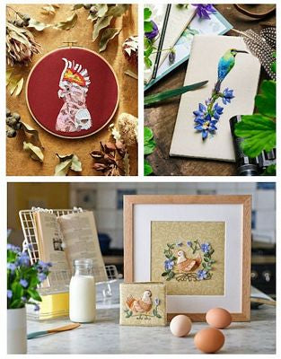 A 3x2 collage showing four embroidered or printed textile/art designs: a round red hoop with a floral bird motif, a square card with a bluebird and blue flowers, a framed chicken embroidery with eggs and a small matching box on a table, and a bird illustration on a notebook surrounded by greenery.
Photo by InspirationsStudios.com [additional_image_link]
