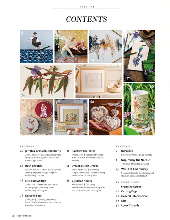 A printed magazine or craft publication contents page with the title CONTENTS at the top, a collage of small project and feature photos across the middle, and a list of articles and pages at the bottom on a white page.
Photo by InspirationsStudios.com [additional_image_link]