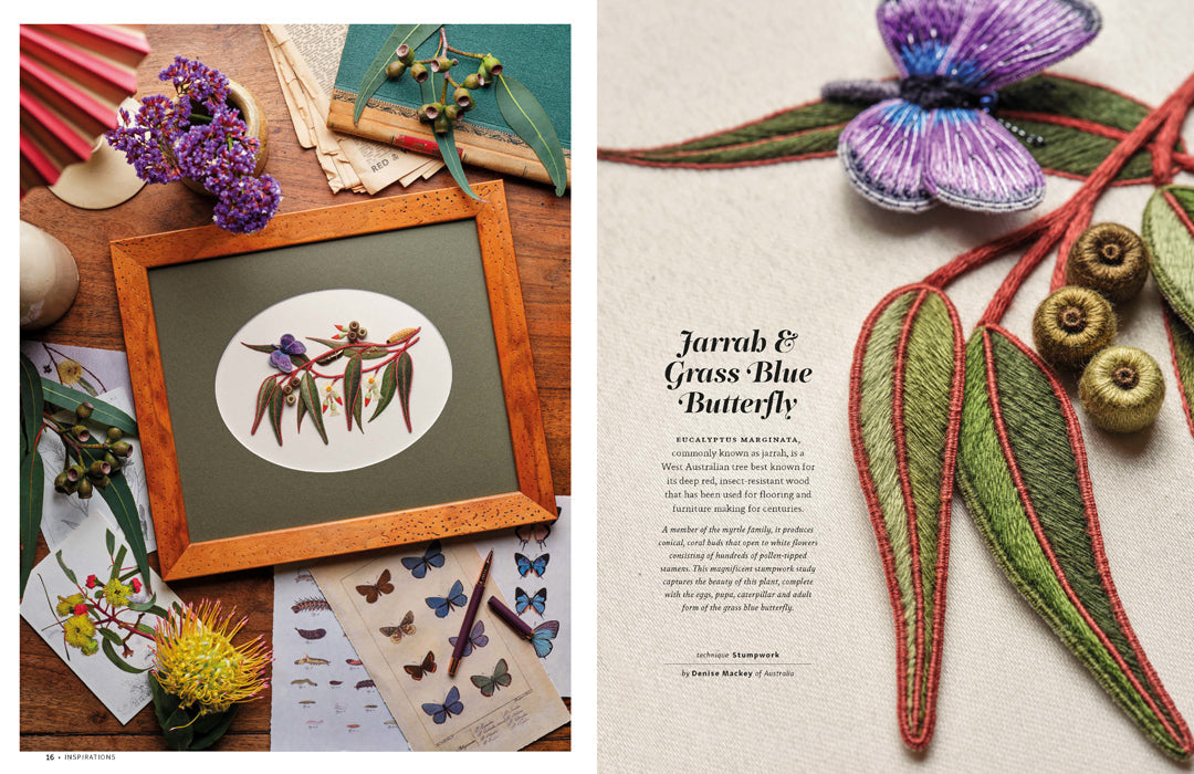 A split-page design layout featuring a framed botanical illustration on the left and a close-up of an embroidered leaf and butterfly motif on the right, with decorative flowers, papers, and text about a jarnob & grass-blue butterfly.
Photo by InspirationsStudios.com [additional_image_link]