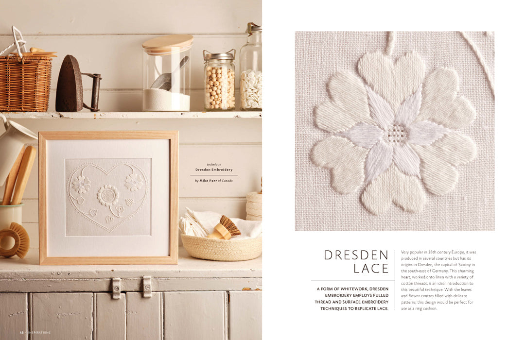 A split-page design layout showing a framed piece of embroidery on the left and a close-up of a white floral lace applique on textured fabric on the right, with text below the close-up reading 'DRESDEN LACE.'.
Photo by InspirationsStudios.com [additional_image_link]