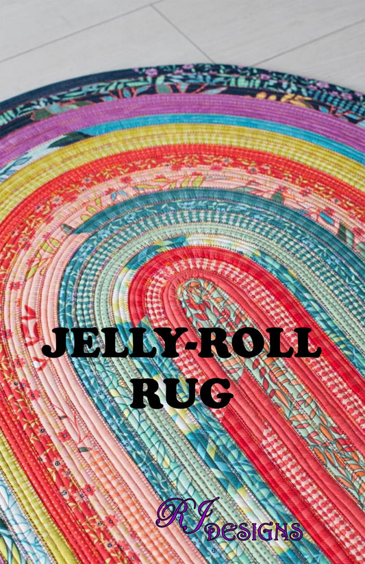A multicolored oval-shaped area rug with a geometric pattern, labeled 'JELLY-ROLL RUG' in the center.
Photo by R.J .Designs [image_link]