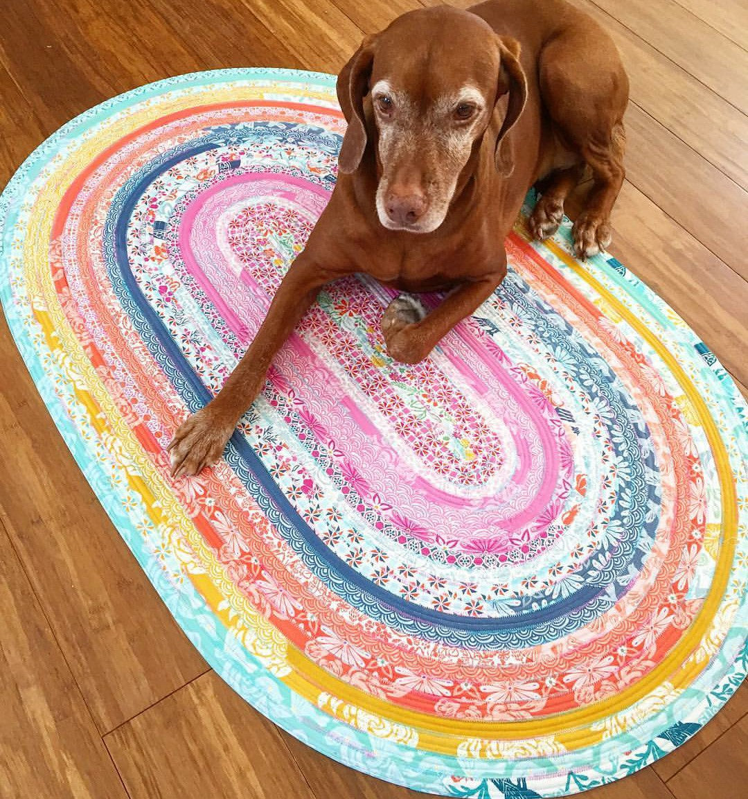 Multicolor jelly roll rug with a dog.
Photo by R.J .Designs [additional_image_link]