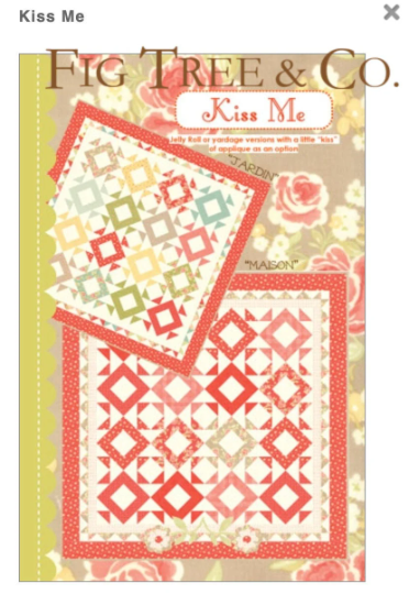 A quilting pattern book cover featuring various quilt patterns in different colors and floral designs, with the title 'KISS ME' prominently displayed.
Photo by Fig Tree & Co. [image_link]
