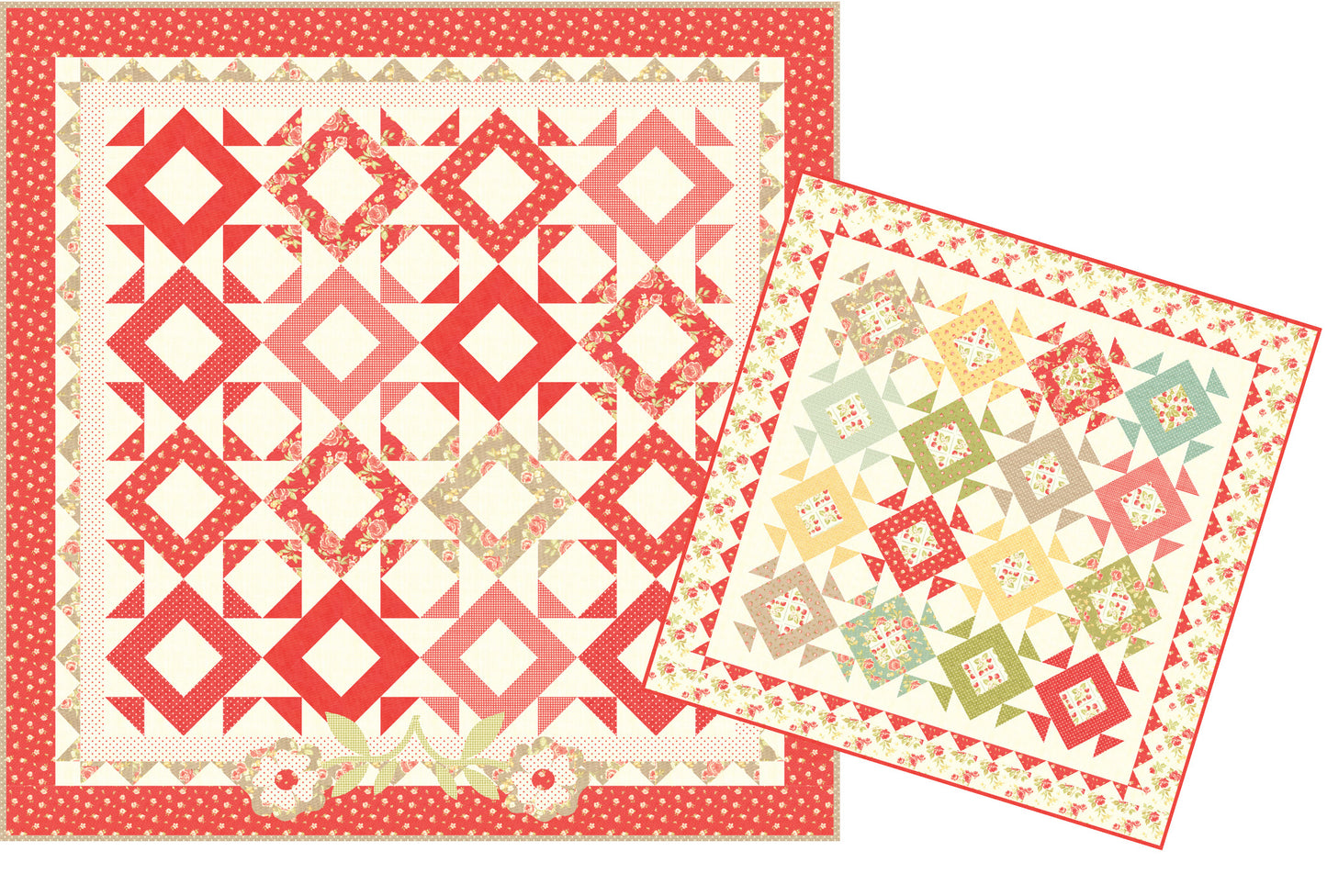 A quilting pattern featuring 2 variations of the quilt pattern in different colors and floral designs.
Photo by Fig Tree & Co. [additional_image_link]