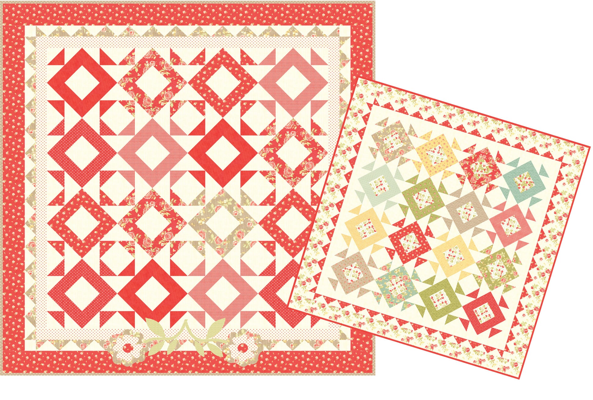 A quilting pattern featuring 2 variations of the quilt pattern in different colors and floral designs.
Photo by Fig Tree & Co. [additional_image_link]