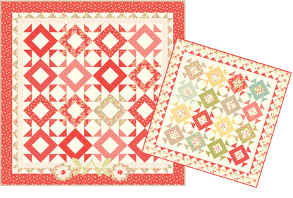 A quilting pattern featuring 2 variations of the quilt pattern in different colors and floral designs.
Photo by Fig Tree & Co. [additional_image_link]