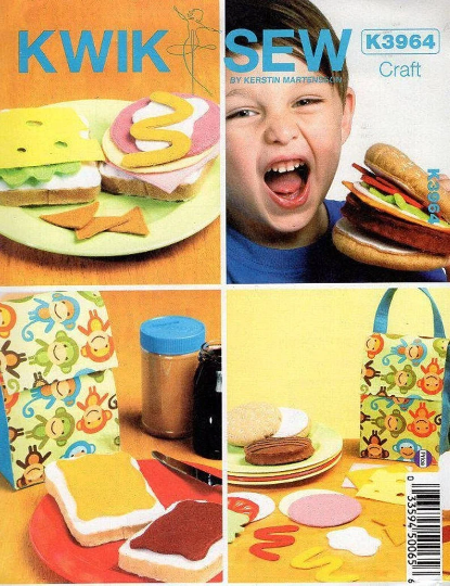 A collage of images showing felt play food items and a lunch bag designed with a Kwik Sew Crafts pattern, K3964. The images depict a variety of felt foods including a burger, sandwich, tacos, and a lunch bag with a handle and Velcro closure.
Photo by Kwik Sew [image_link]