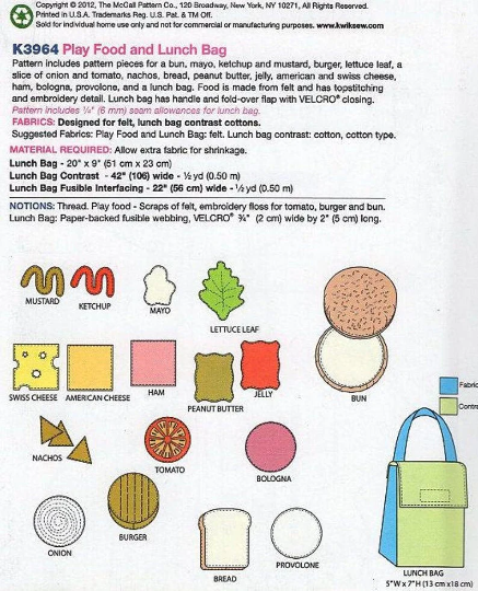 A collage of images showing felt play food items and a lunch bag designed with a Kwik Sew Crafts pattern, K3964. The images depict a variety of felt foods including a burger, sandwich, tacos, and a lunch bag with a handle and Velcro closure.
Photo by Kwik Sew [additional_image_link]