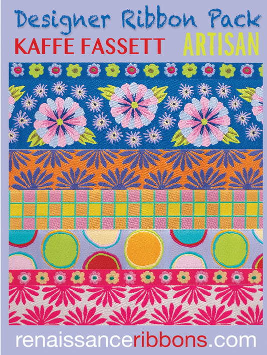 A collection of Kaffe Fassett Artisan woven ribbons in various colors and patterns, suitable for crafting and sewing projects.
Photo by RenaissanceRibbons.com [image_link]