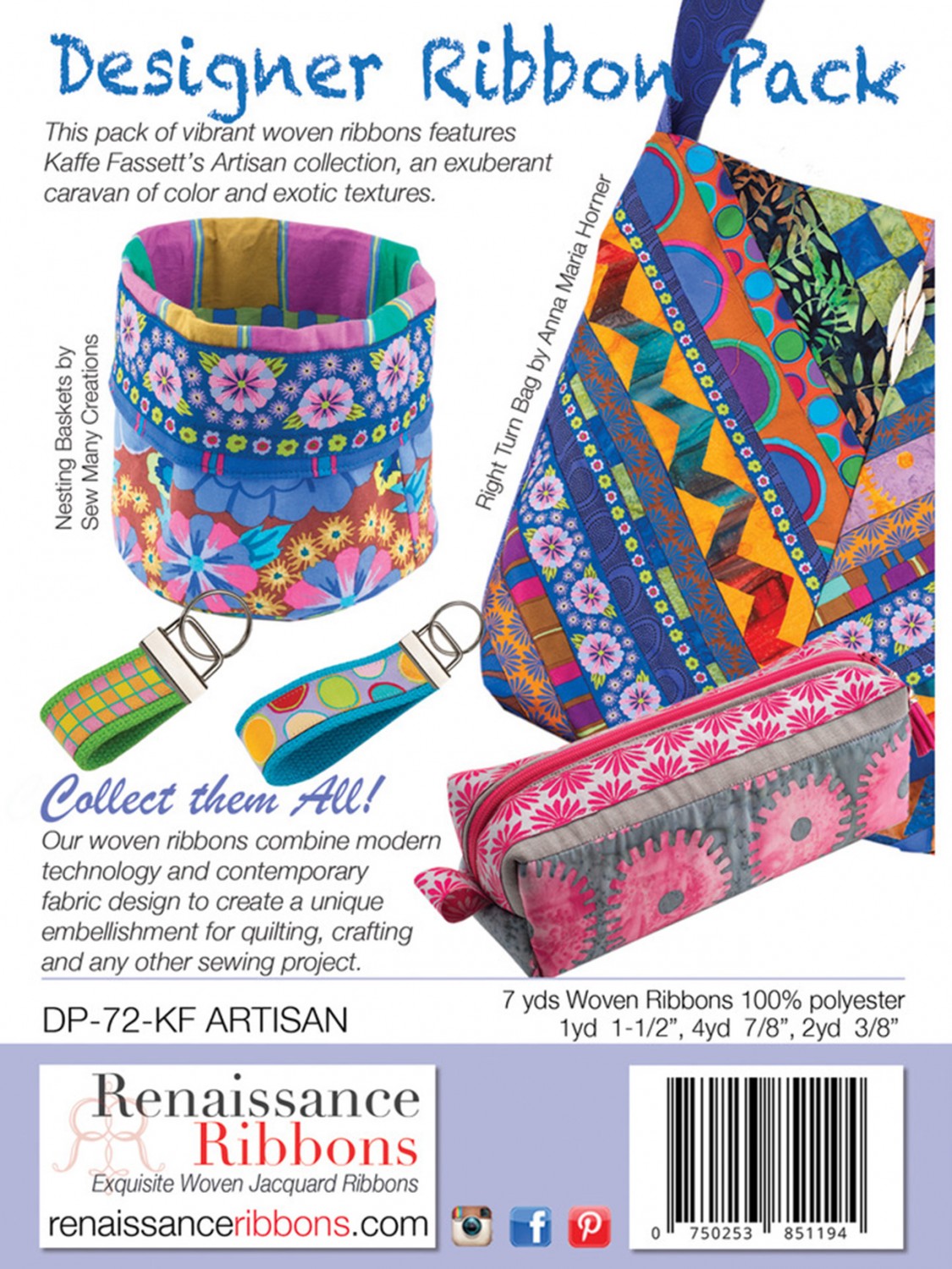 A collection of Kaffe Fassett Artisan woven ribbons in various colors and patterns, suitable for crafting and sewing projects.
Photo by RenaissanceRibbons.com [additional_image_link]