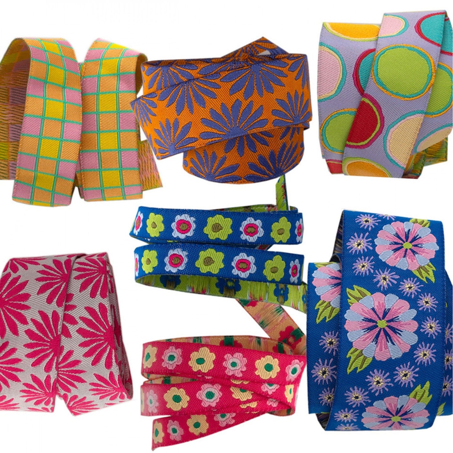 A collection of Kaffe Fassett Artisan woven ribbons in various colors and patterns, suitable for crafting and sewing projects.
Photo by RenaissanceRibbons.com [additional_image_link]