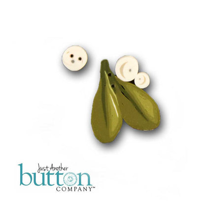 A set of decorative buttons from Just Another Button Company, featuring olive green leaf-shaped buttons and cream-colored round buttons, displayed on a clean white background with the brand logo at the bottom left.
Photo by JustAnotherButtonCompany.com [additional_image_link]