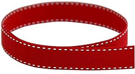 A spool of red grosgrain ribbon with white stitching, featuring a decorative bow with the ribbon trailing, on a white background.
[additional_image_link]