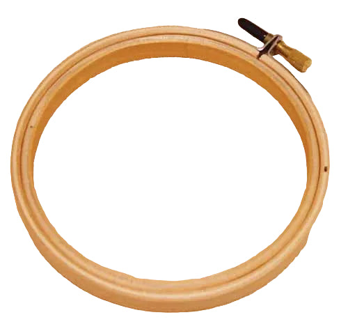 A light natural wood embroidery hoop on a white background, with a small black-handled tool and brass tip resting near the top right of the hoop.
[additional_image_link]