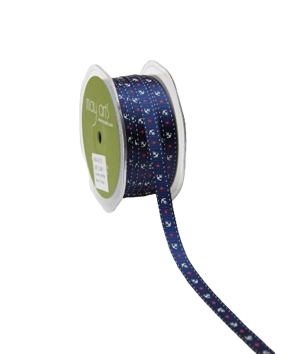 A spool of May Arts decorative ribbon with a navy blue base and a repeating pattern of small white, red, and light blue motifs, shown on a clean white background.
[additional_image_link]