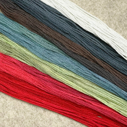 Six strands of embroidery floss in different colors arranged diagonally on a neutral beige background. The colors visible are off-white, dark brown, slate blue, sage green, bright red, and a darker teal-blue.
[additional_image_link]