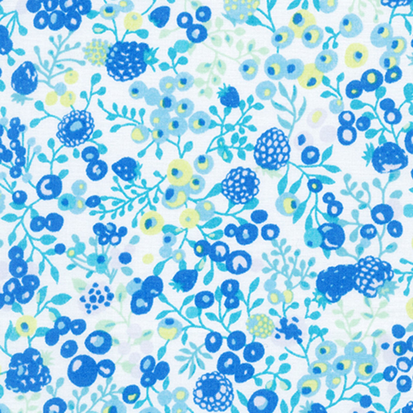 A close-up of a white fabric with a dense, hand-drawn style floral pattern in shades of blue, teal, and light yellow.
Photo by Lecien [additional_image_link]