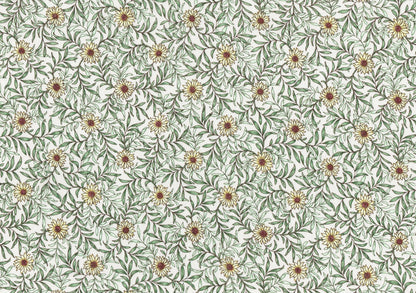 A repeating floral pattern featuring small daisy-like flowers with yellow centers and brown petals, surrounded by green leaves on an off-white background.
Photo by Lecien [image_link]