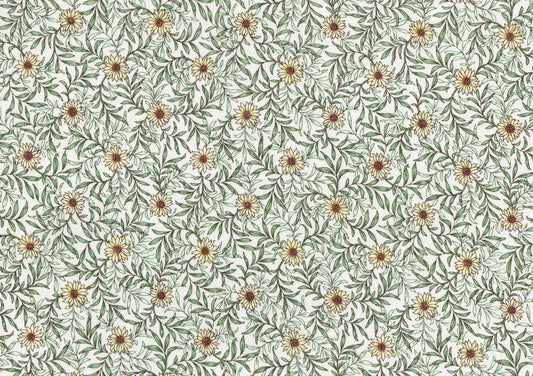 A repeating floral pattern featuring small daisy-like flowers with yellow centers and brown petals, surrounded by green leaves on an off-white background.
Photo by Lecien [image_link]