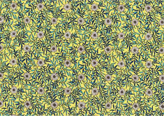 A repeating floral pattern featuring yellow and green leaves with white and purple flowers, shown as a flat pattern swatch on a white background.
Photo by Lecien [image_link]