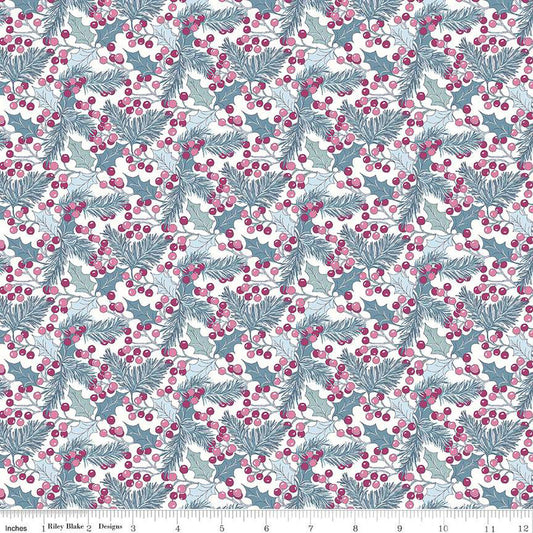 A yardage of quilting cotton fabric featuring a Christmas-themed pattern with red berries and green leaves on a white background.
Photo by RileyBlakeDesigns.com [image_link]